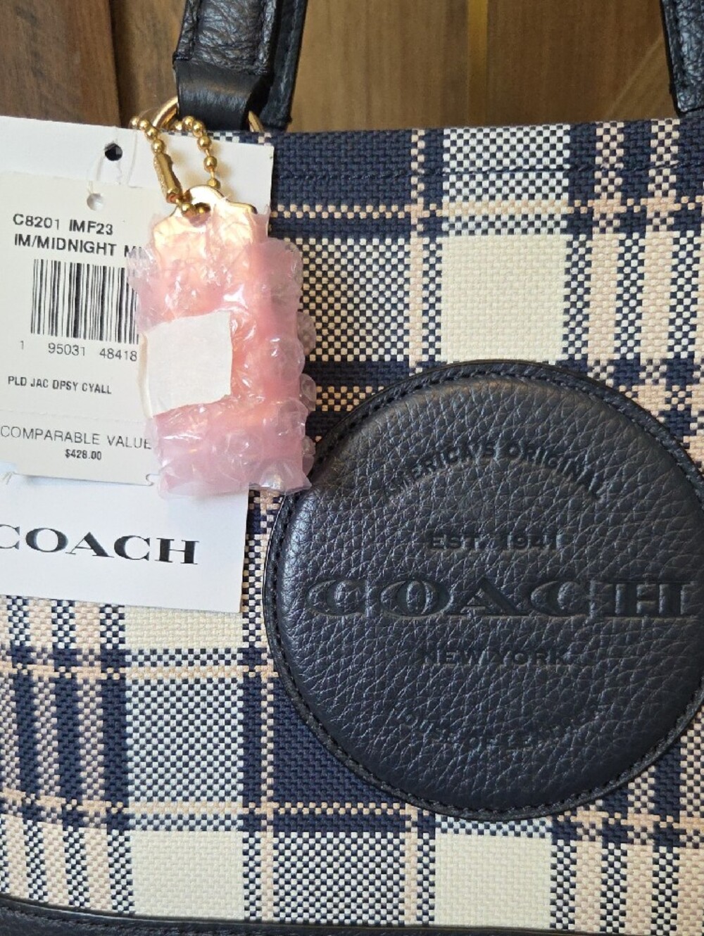 Coach Navy and Cream Garden Plaid Leather-Trim Dempsey Carry-All - Picture 6 of 7